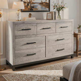 Sunvega Gray Finish 7-Drawer Dresser with Metal Bar Hardware for Bedroom