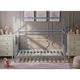 Sunvega Twin Rubber Wood House Bed with Headboard and Footboard in Light Grey