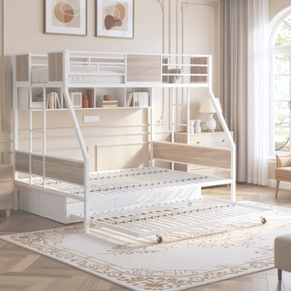 Sunvega Twin Over Full Metal Bunk Bed with Trundle and Guardrail for Bedroom