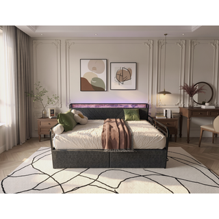 Sunvega Twin Daybed with Trundle Farmhouse Frame Sliding Barn Door Headboard Charging Station