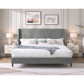 Sunvega King Beige Velvet Wingback Platform Bed with Low Profile Design