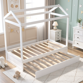 Sunvega White House Bed with Trundle for Two Children to Share Secrets