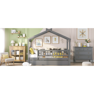 Sunvega Twin Size Wooden House Bed with Trundle and Headboard in Walnut