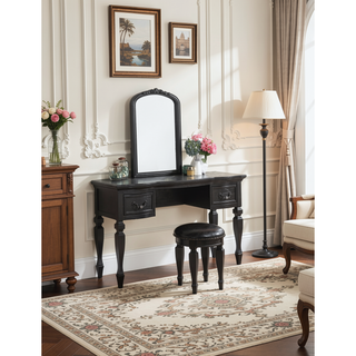 Sunvega Black Wooden Carved Vanity Set with Mirror Stool and Drawers