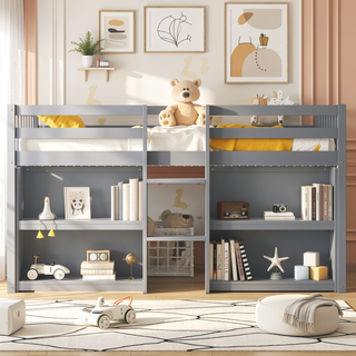 Sunvega Low Loft Bed With Two-Tier Shelves LED Light And Guardrail For Kids