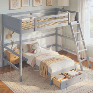 Sunvega Solid Wood Twin Size Loft Bed with Ladder and Guard Rails for Safety
