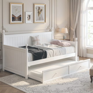 Sunvega White Twin Size Pine Wood Daybed with Three Storage Drawers and Slatted Panels