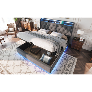 Sunvega Full Size Upholstered Bed with 360 LED Lighting Hydraulic Storage and USB Charging