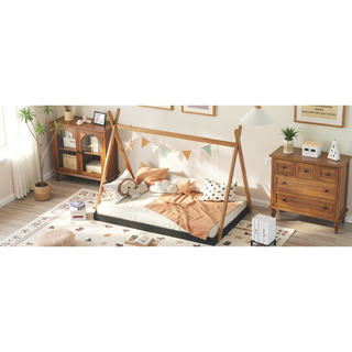 Sunvega Full Size House Platform Bed with Sturdy Triangle Structure and Safety Railings