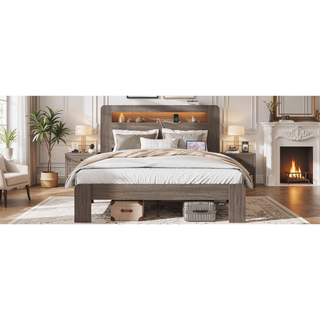 Sunvega Full Size Wood Platform Bed Frame with Storage LED Headboard and USB Charging Station