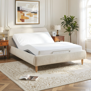 Sunvega King Upholstered Platform Bed with Curved Headboard in Oatmeal Chenille