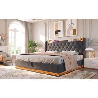 Sunvega Full Size Upholstered Bed with 360 LED Lighting Hydraulic Storage and USB Charging