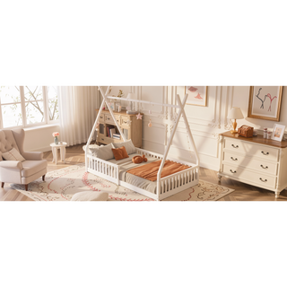 Sunvega White Distressed Washed Wood House Bed with Fence for Kids Twin Size