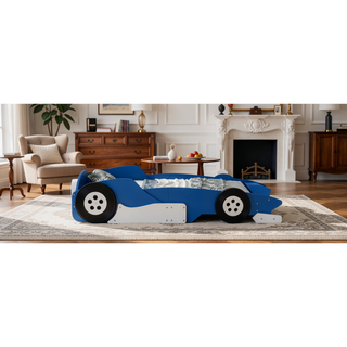 Sunvega Twin Size Race Car Platform Bed with Wheels and Safety Rails