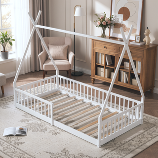 Sunvega White Distressed Washed Wood House Bed with Fence for Kids Twin Size