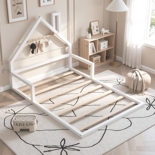 Sunvega Natural Wood Floor Bed with House-Shaped Headboard for Kids Room