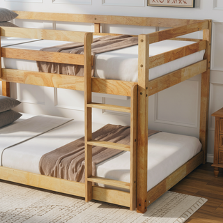 Sunvega Twin over Twin Floor Bunk Bed with Ladder and Strengthened Slats in Espresso