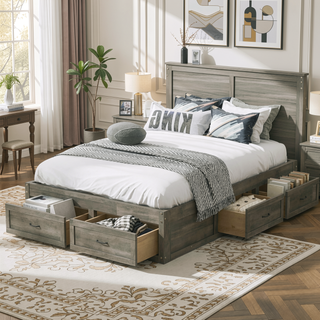 Sunvega Antique Natural Queen Size Platform Bed with 6 Spacious Storage Drawers