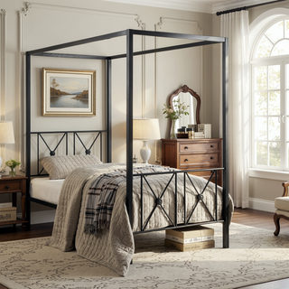 Sunvega Black Finish Twin Platform Bed Canopy Metal Frame Modern Traditional