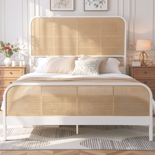 Sunvega Modern Rattan Woven Design Metal Queen Bed Frame with Powder Coated