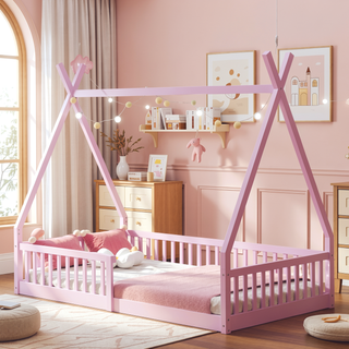 Sunvega White Distressed Washed Wood House Bed with Fence for Kids Twin Size