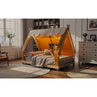 Sunvega Full Size Brown House Bed with Detachable Tent and Skylight for Kids