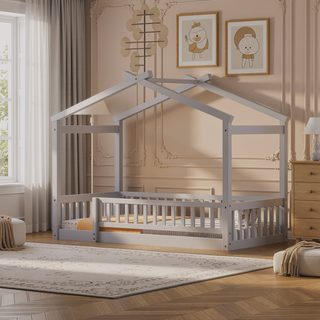 Sunvega Full Size House Bed Frame with Playhouse Fence and Roof for Kids