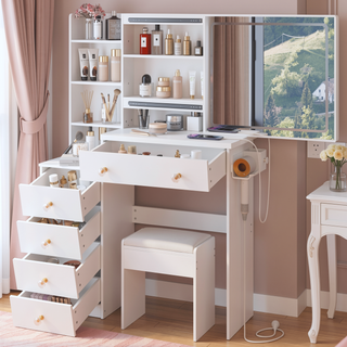Sunvega 37 Inch Left Bedside Vanity Table with Cushioned Stool and Sliding Mirror