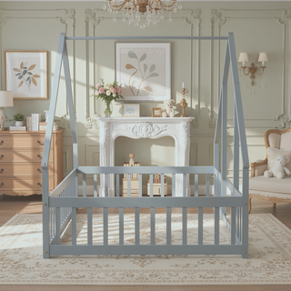 Sunvega Twin Wood House Floor Bed with Guardrail Fence in Grey