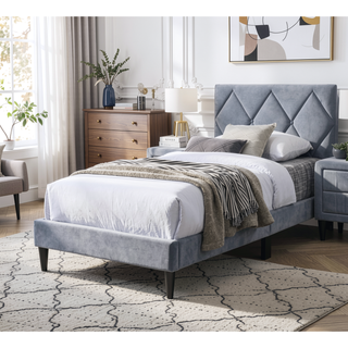 Sunvega Modern Gray Velvet Tufted Headboard Full Size Bed for Youth Bedroom