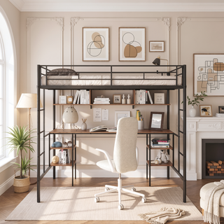 Sunvega Sturdy Metal Twin Size Loft Bed with Built-in Desk and Shelves
