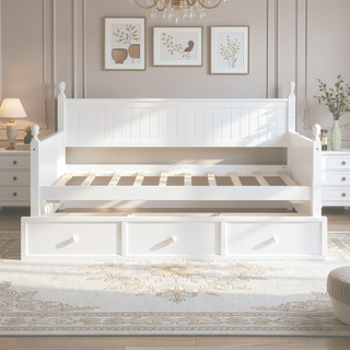 Sunvega White Twin Size Pine Wood Daybed with Three Storage Drawers and Slatted Panels
