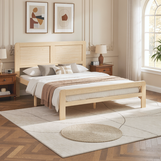 Sunvega Contemporary Natural Finish Full Size Platform Bed Frame with Headboard