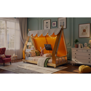 Sunvega Twin Size Brown House Bed with Detachable Tent and Light for Kids