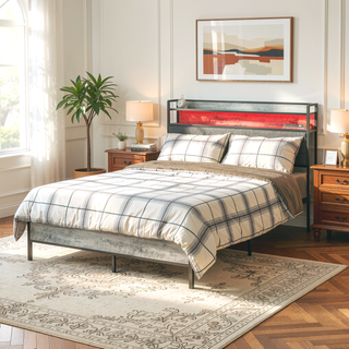 Sunvega Full Size Upholstered Platform Bed Frame with LED Lights and Charging Station