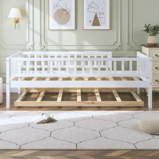 Sunvega Natural Twin Size Wood Daybed with Trundle and Fence Guardrails