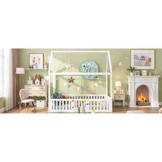 Sunvega Twin Size Wood House Bed with Fence Door and Distressed Washed Design