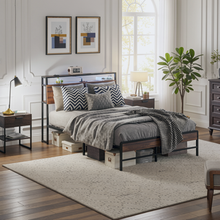 Sunvega Full Size Bed Frame with LED Lights Headboard Charging Station and Storage Shelf