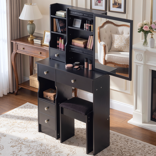 Sunvega Small Space Vanity Table with Cushioned Stool and Extra Large Sliding Mirror