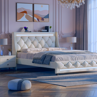 Sunvega Queen Size Bed Frame with Headboard LED Lights Charging Station Storage