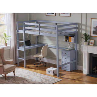 Sunvega Pink Rubber Wood Twin High Loft Bed with Safety Guardrail and Built-in Desk