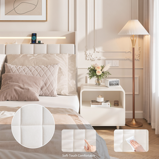 Sunvega King Floating Bed Frame with LED Light and Charging Station Upholstered Platform