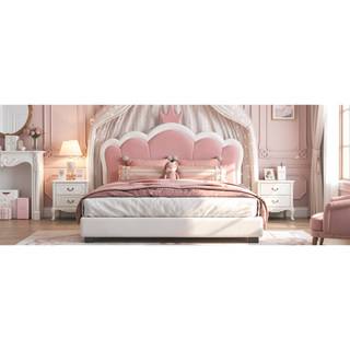 Sunvega Cream Pink Full Size Princess Bed with Crown Headboard and Footboard