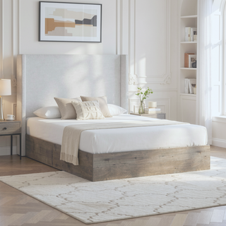 Sunvega Upholstered Wingback Bed with 54 Inch High Headboard in Textured Ivory Canvas Chenille