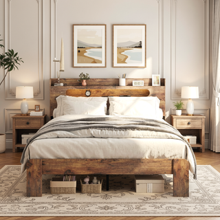 Sunvega Queen Wood Platform Bed Frame with Storage Headboard and 2 USB Ports