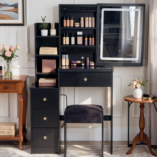 Sunvega Small Space Left Bedside Cabinet Vanity Table with Cushioned Stool and Sliding Mirror
