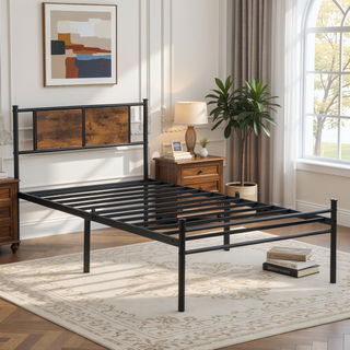 Sunvega King Size Metal Bedframe with Wood Panel Headboard and Under Storage