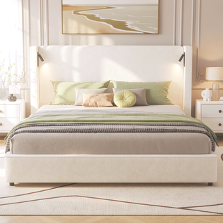 Sunvega King Size Upholstered Bed Frame with High Wingback Headboard and Reading Lamp