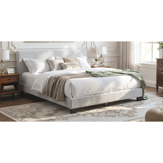 Sunvega White Queen Size Upholstered Wool Floral Headboard Bed with LED Lights