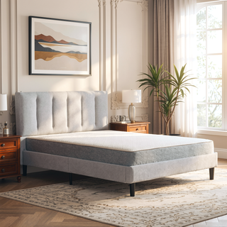 Sunvega Modern Channel Tufted Linen Stone Upholstered Full Size Platform Bed